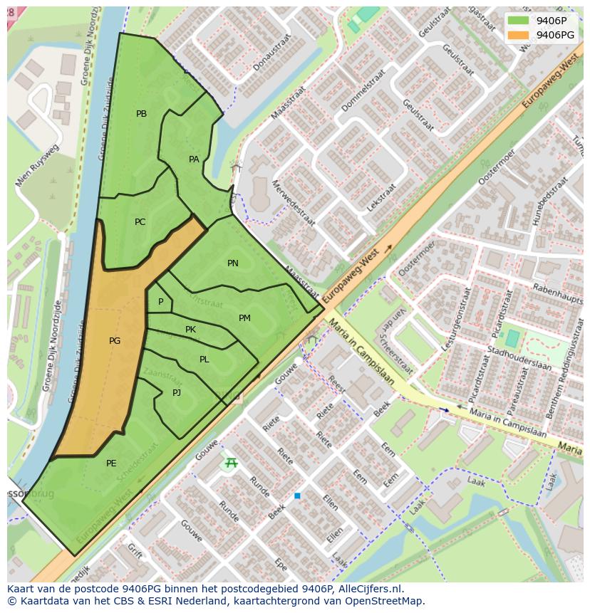 Afbeelding van het postcodegebied 9406 PG op de kaart.