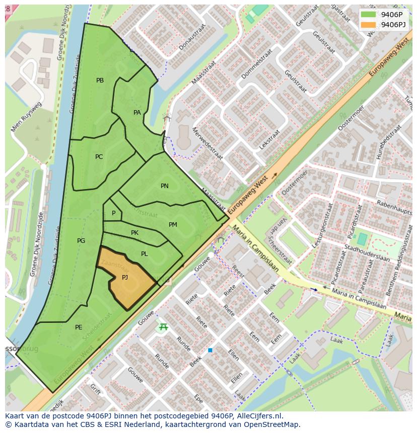 Afbeelding van het postcodegebied 9406 PJ op de kaart.