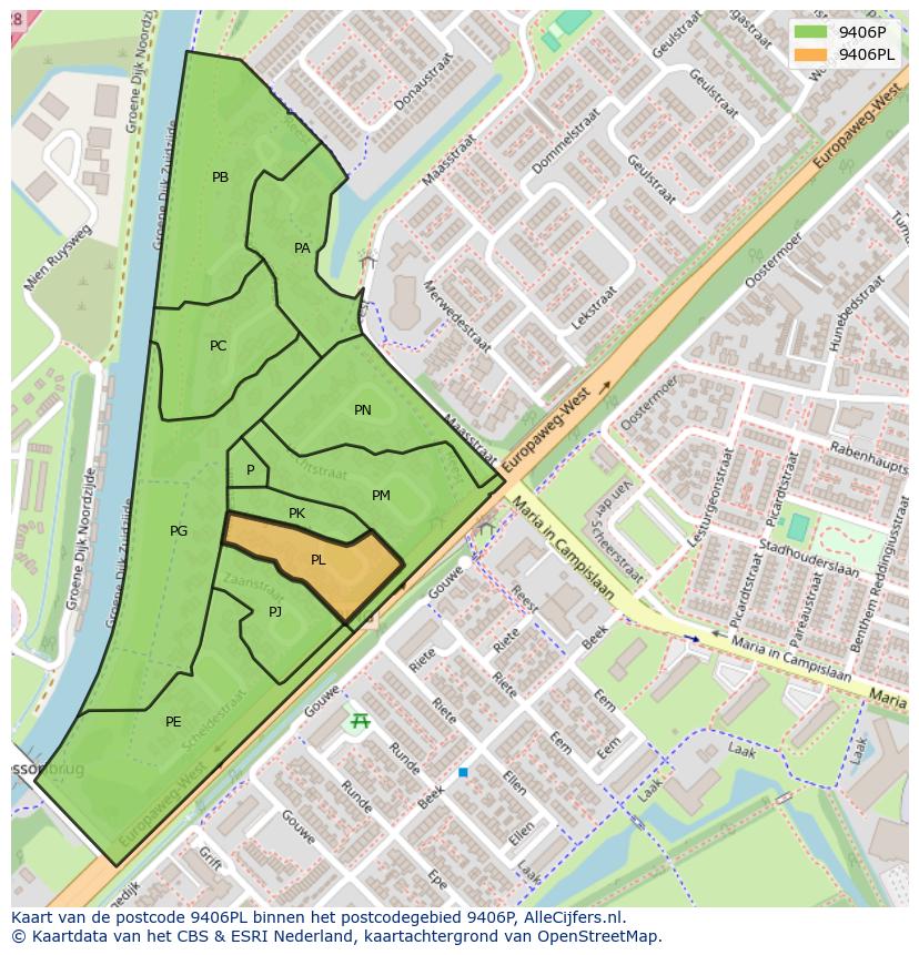 Afbeelding van het postcodegebied 9406 PL op de kaart.