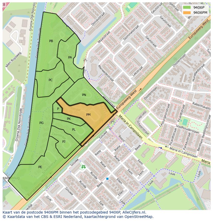 Afbeelding van het postcodegebied 9406 PM op de kaart.