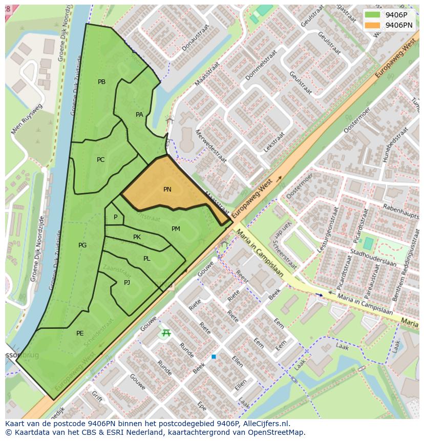 Afbeelding van het postcodegebied 9406 PN op de kaart.