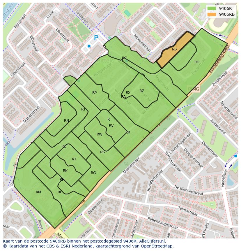Afbeelding van het postcodegebied 9406 RB op de kaart.