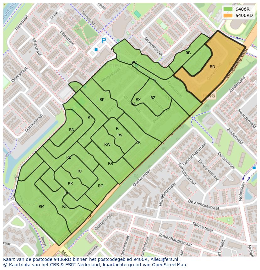 Afbeelding van het postcodegebied 9406 RD op de kaart.