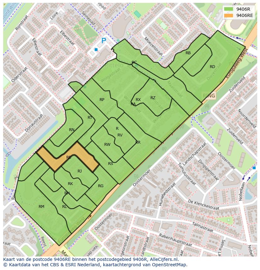 Afbeelding van het postcodegebied 9406 RE op de kaart.