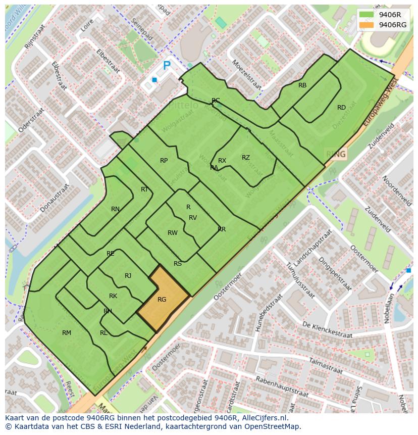 Afbeelding van het postcodegebied 9406 RG op de kaart.