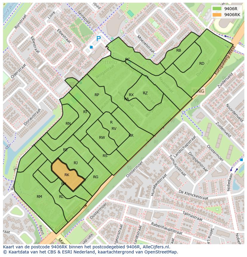Afbeelding van het postcodegebied 9406 RK op de kaart.