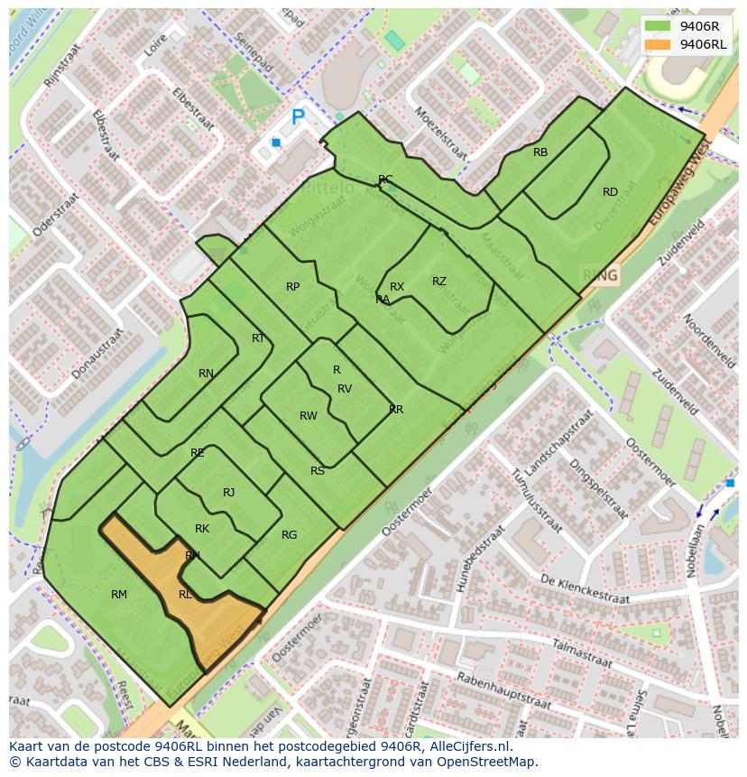 Afbeelding van het postcodegebied 9406 RL op de kaart.