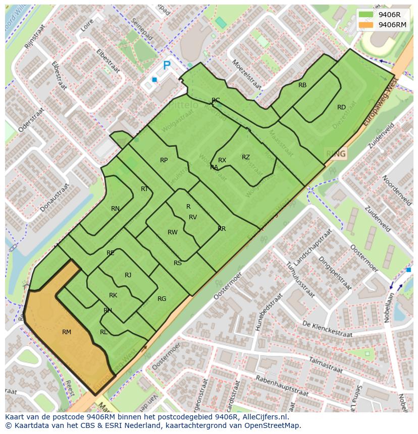 Afbeelding van het postcodegebied 9406 RM op de kaart.