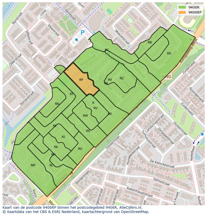 Afbeelding van het postcodegebied 9406 RP op de kaart.