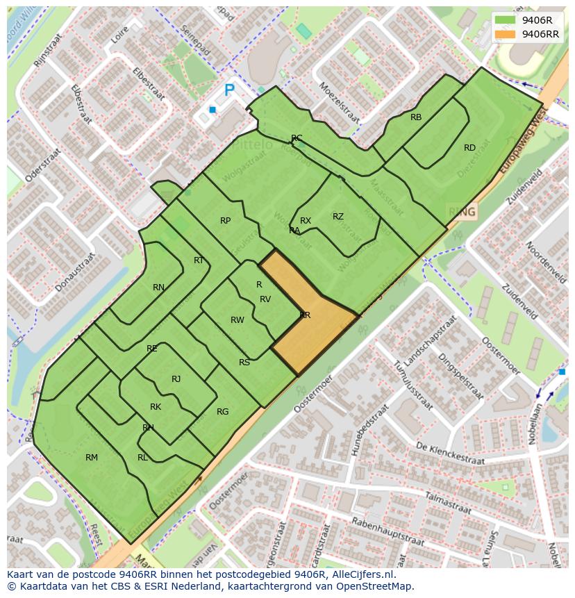 Afbeelding van het postcodegebied 9406 RR op de kaart.