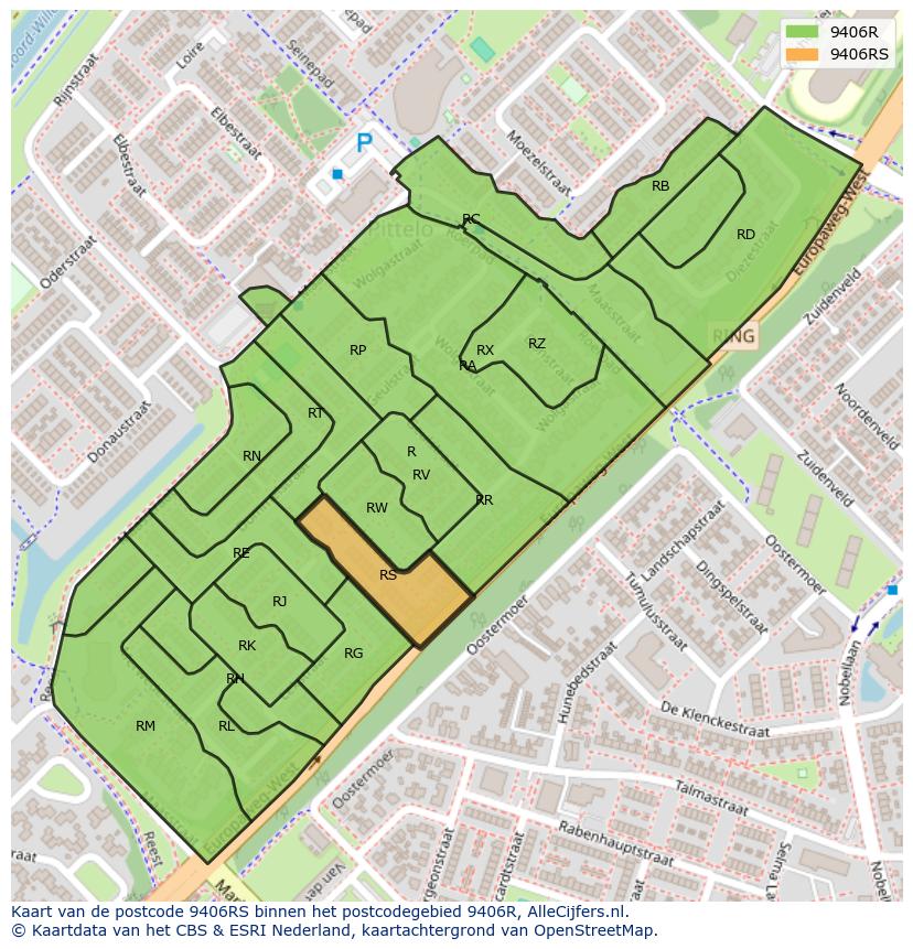 Afbeelding van het postcodegebied 9406 RS op de kaart.
