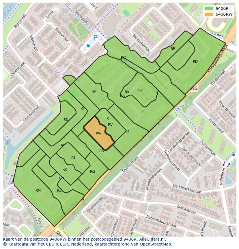 Afbeelding van het postcodegebied 9406 RW op de kaart.