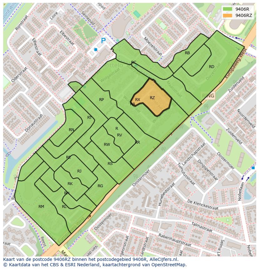 Afbeelding van het postcodegebied 9406 RZ op de kaart.
