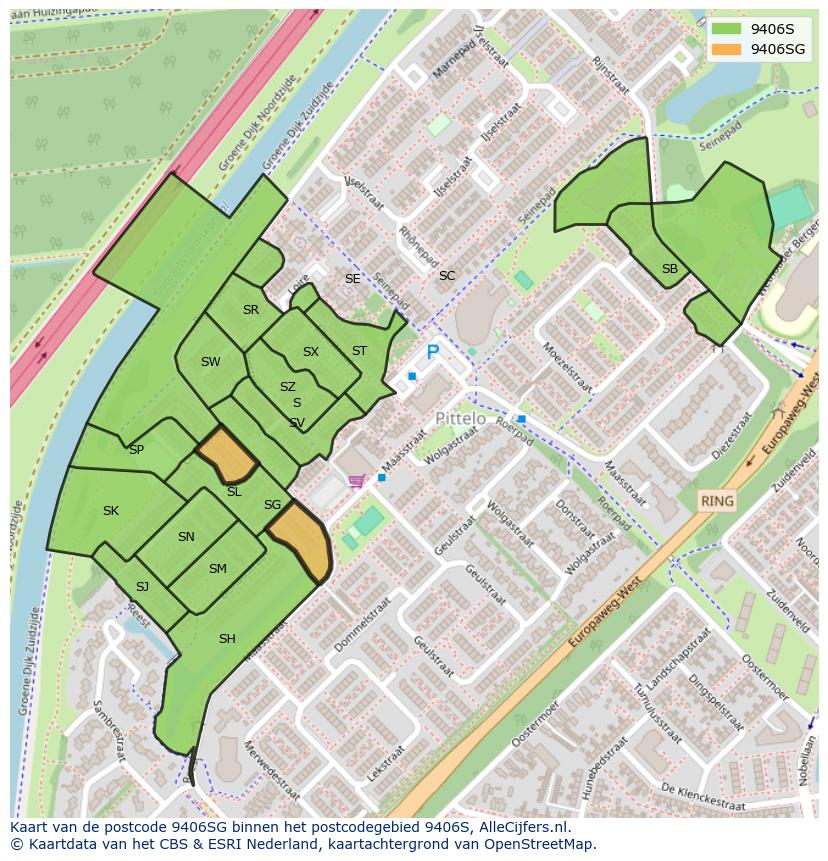 Afbeelding van het postcodegebied 9406 SG op de kaart.