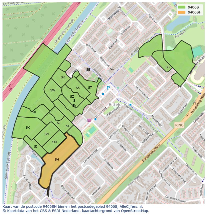 Afbeelding van het postcodegebied 9406 SH op de kaart.
