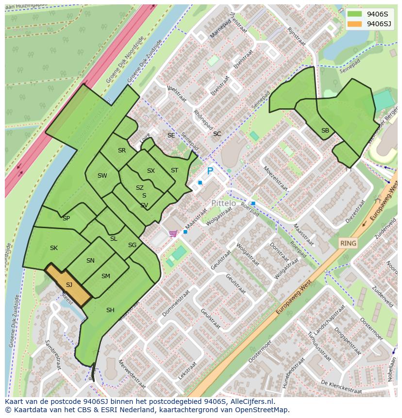 Afbeelding van het postcodegebied 9406 SJ op de kaart.