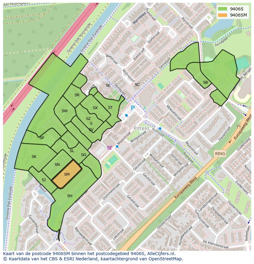 Afbeelding van het postcodegebied 9406 SM op de kaart.