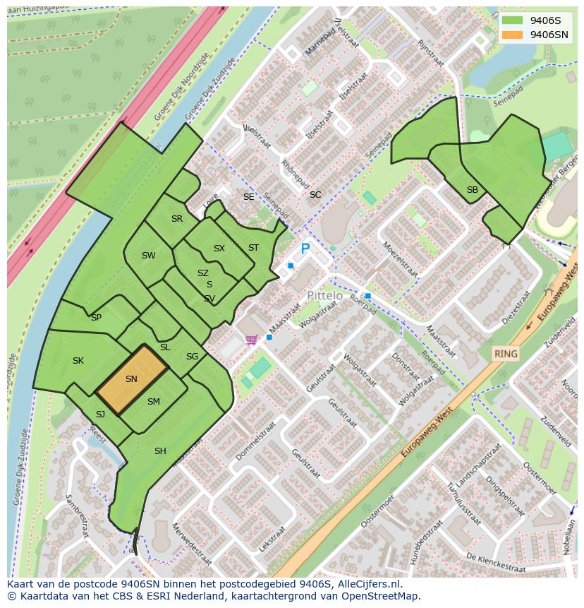 Afbeelding van het postcodegebied 9406 SN op de kaart.