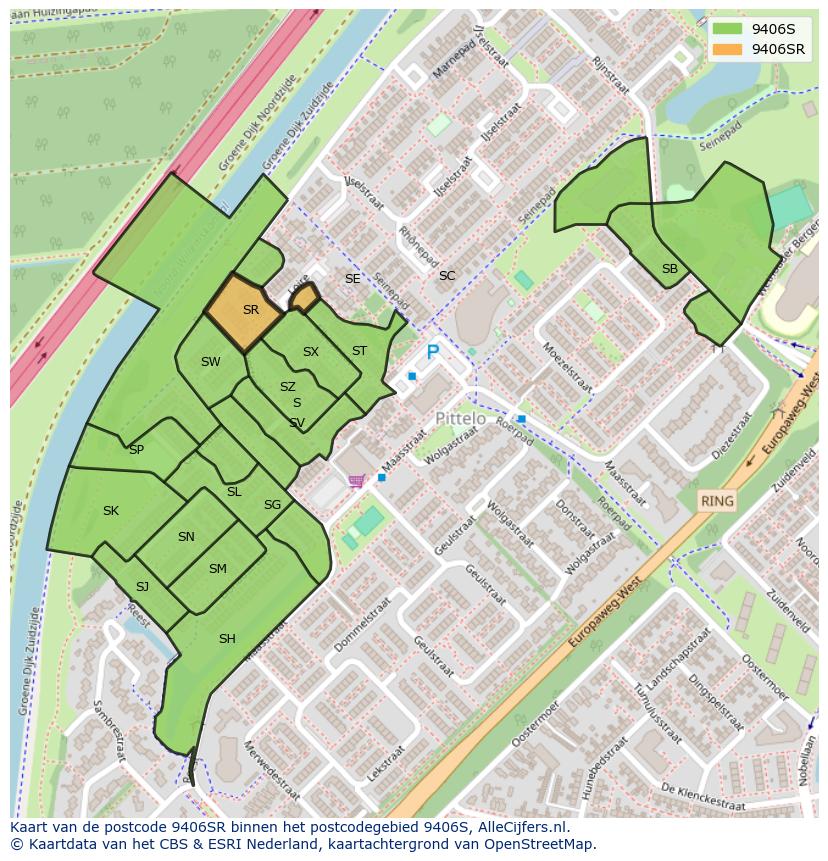 Afbeelding van het postcodegebied 9406 SR op de kaart.