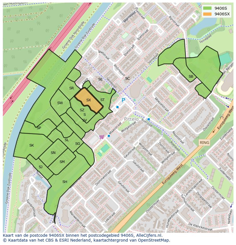 Afbeelding van het postcodegebied 9406 SX op de kaart.