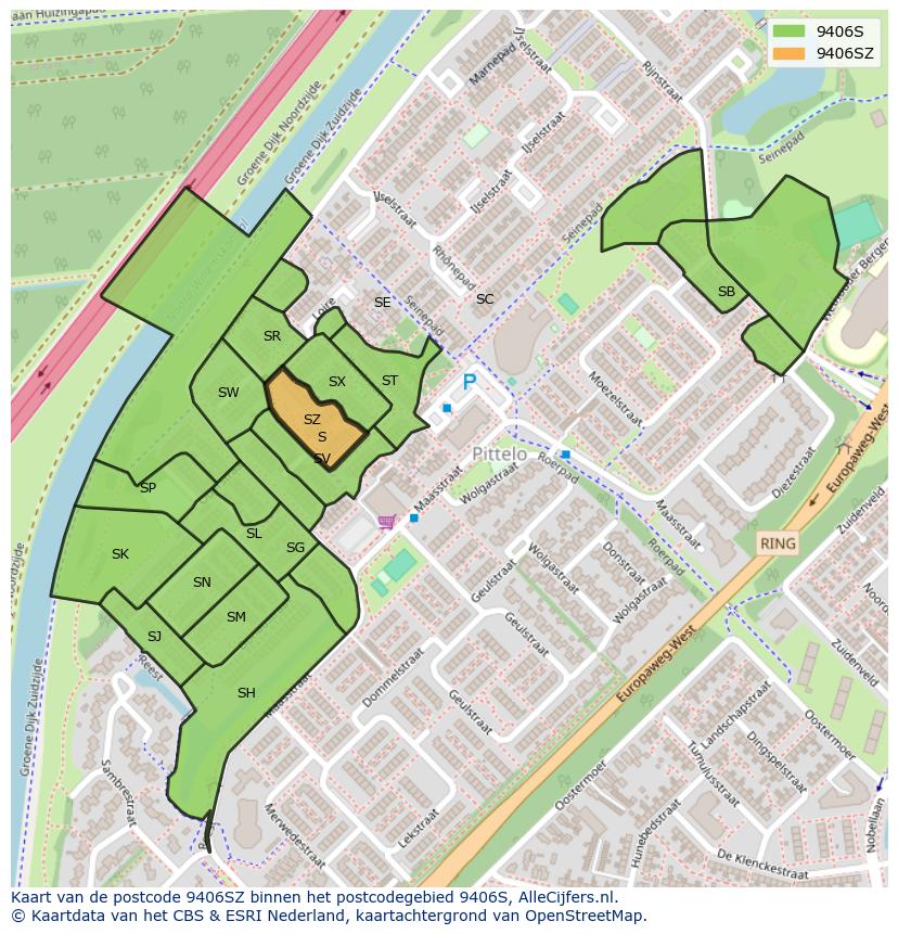 Afbeelding van het postcodegebied 9406 SZ op de kaart.