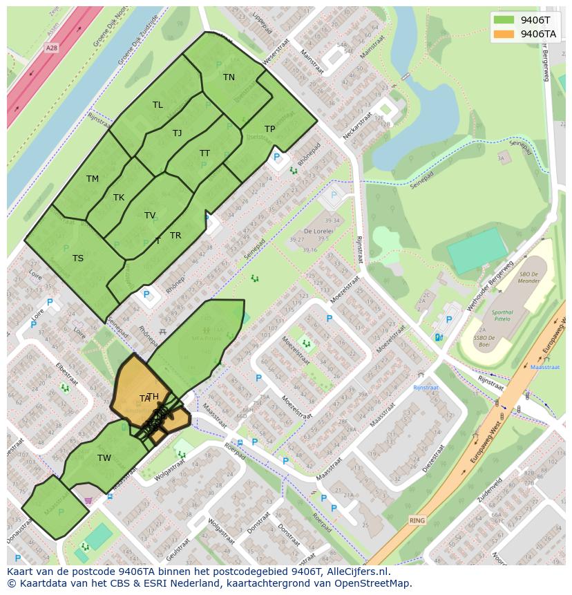 Afbeelding van het postcodegebied 9406 TA op de kaart.