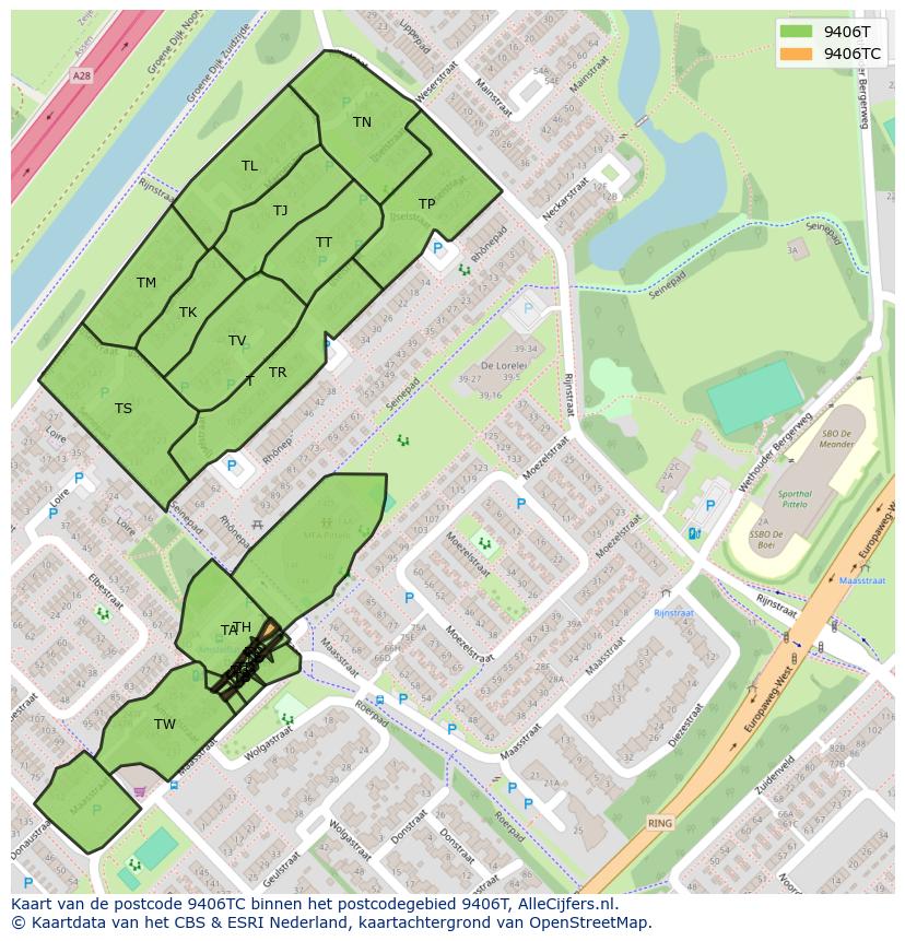 Afbeelding van het postcodegebied 9406 TC op de kaart.