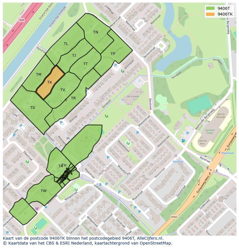 Afbeelding van het postcodegebied 9406 TK op de kaart.