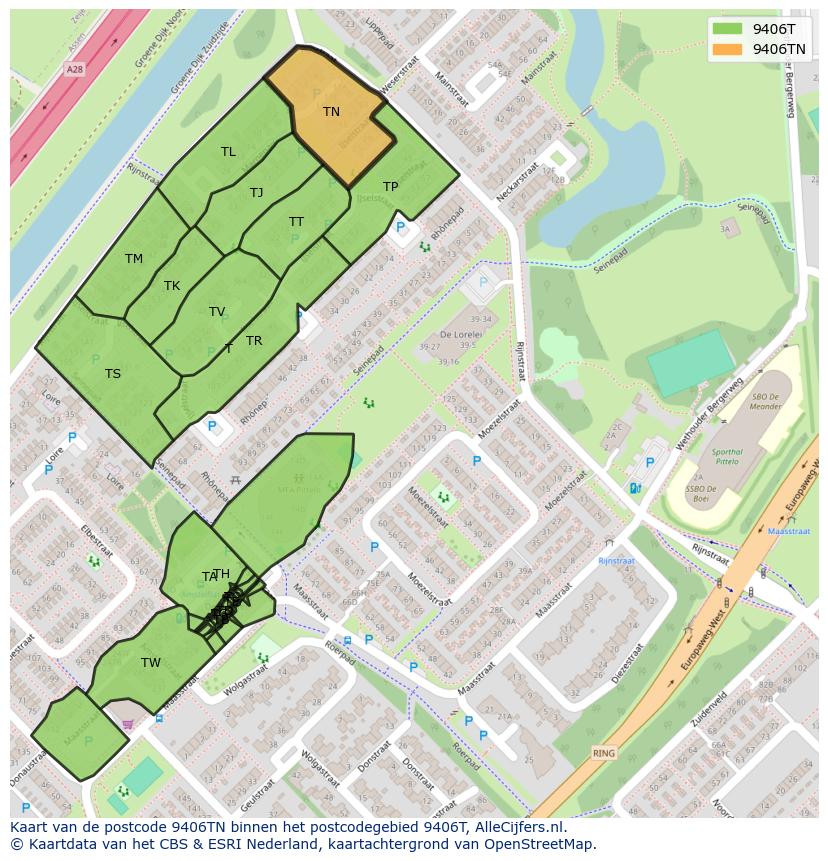 Afbeelding van het postcodegebied 9406 TN op de kaart.
