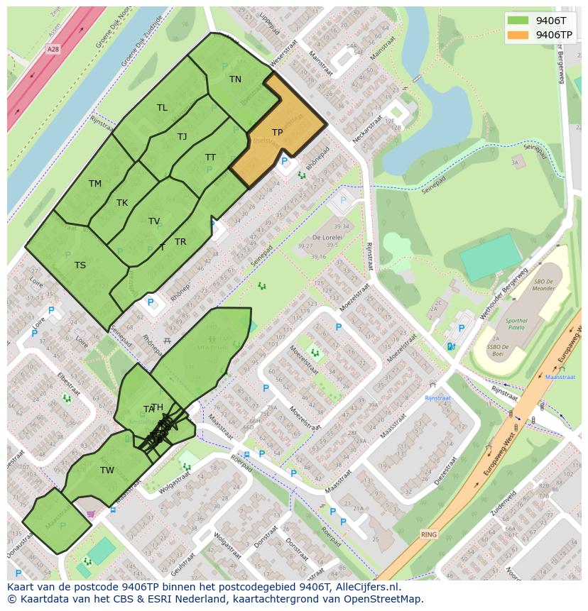 Afbeelding van het postcodegebied 9406 TP op de kaart.