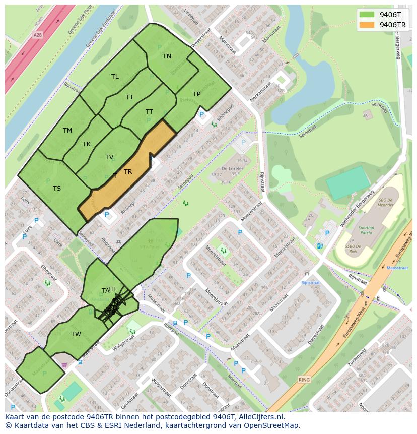 Afbeelding van het postcodegebied 9406 TR op de kaart.