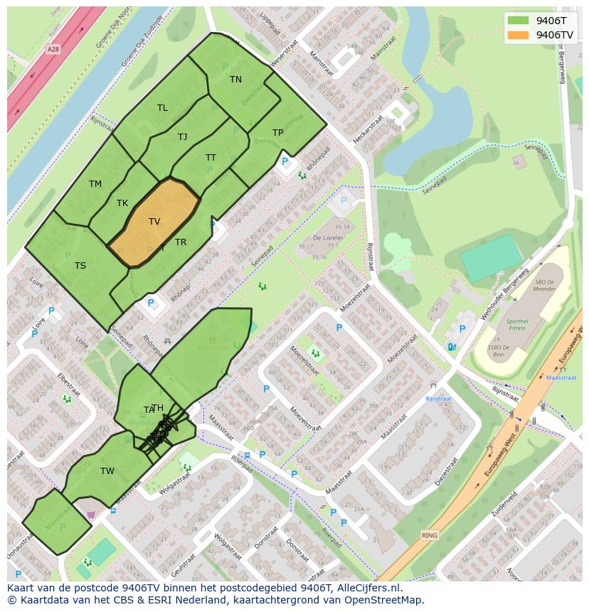 Afbeelding van het postcodegebied 9406 TV op de kaart.