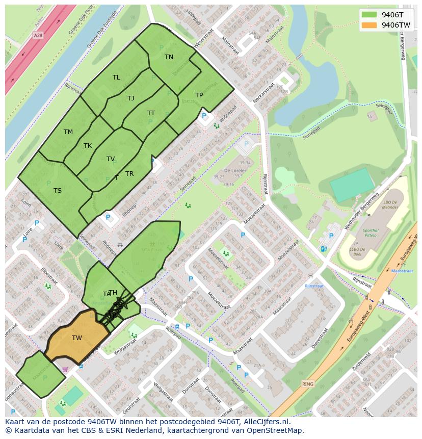 Afbeelding van het postcodegebied 9406 TW op de kaart.