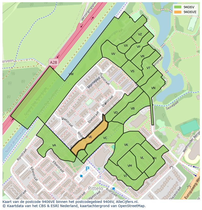 Afbeelding van het postcodegebied 9406 VE op de kaart.
