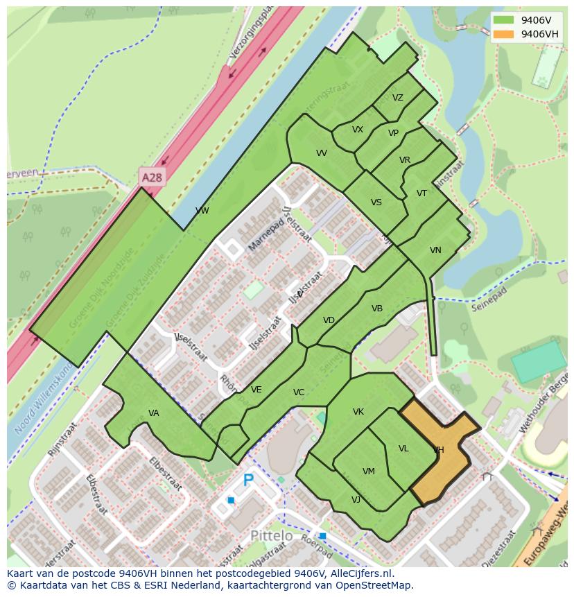 Afbeelding van het postcodegebied 9406 VH op de kaart.