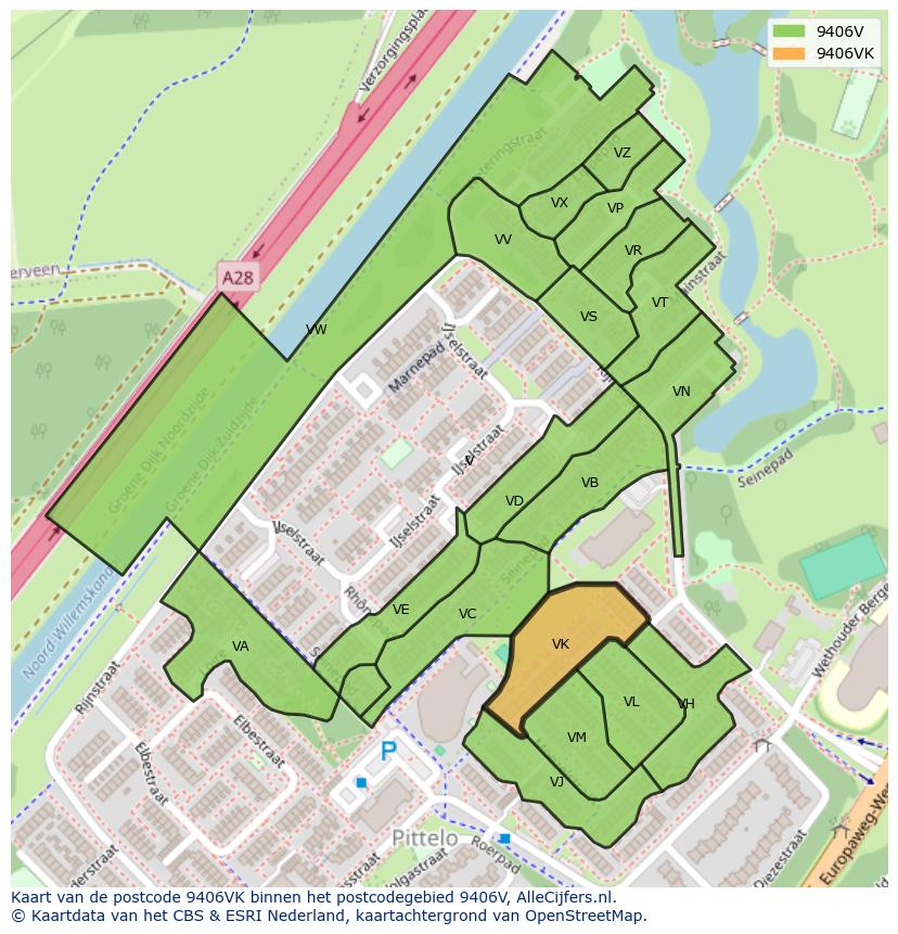 Afbeelding van het postcodegebied 9406 VK op de kaart.