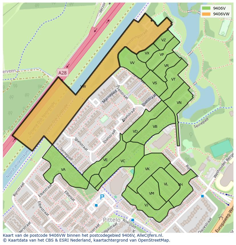 Afbeelding van het postcodegebied 9406 VW op de kaart.