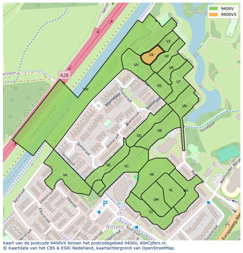 Afbeelding van het postcodegebied 9406 VX op de kaart.