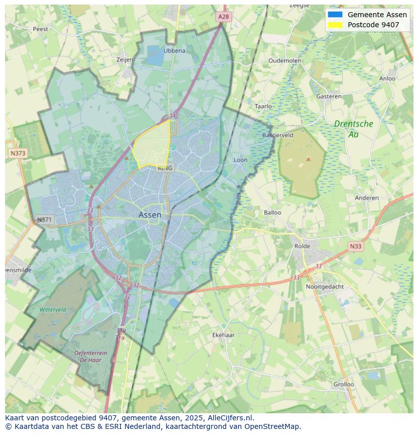 Afbeelding van het postcodegebied 9407 op de kaart.