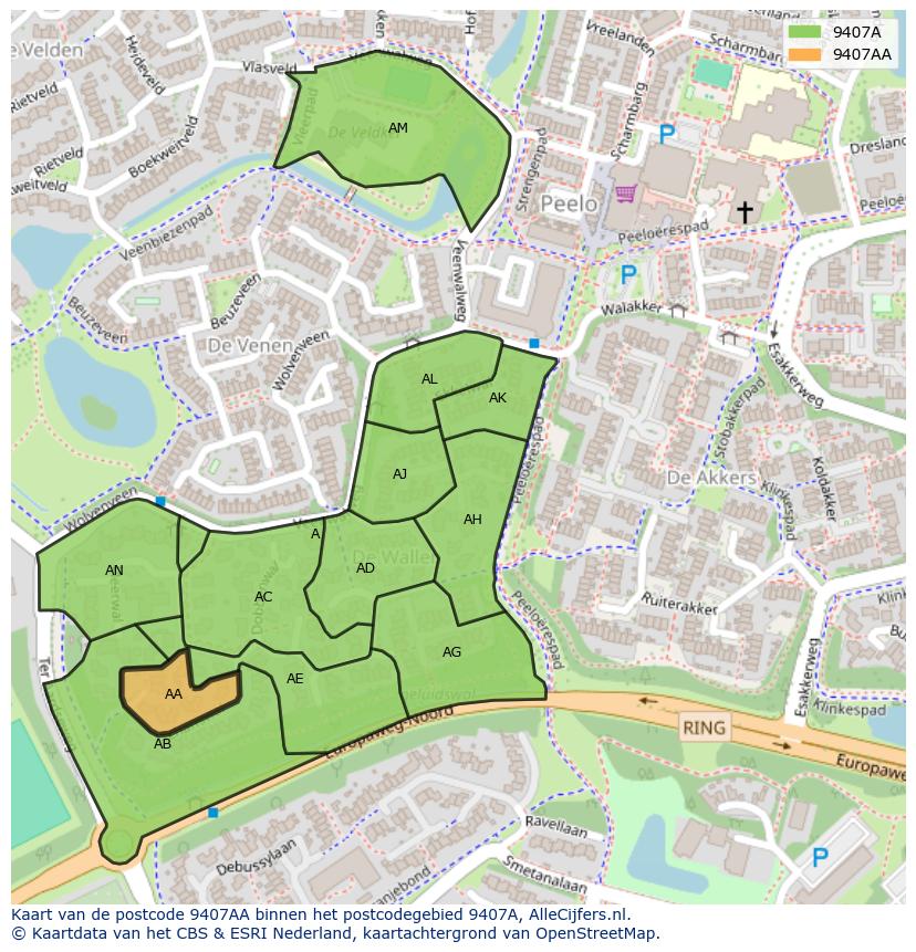 Afbeelding van het postcodegebied 9407 AA op de kaart.
