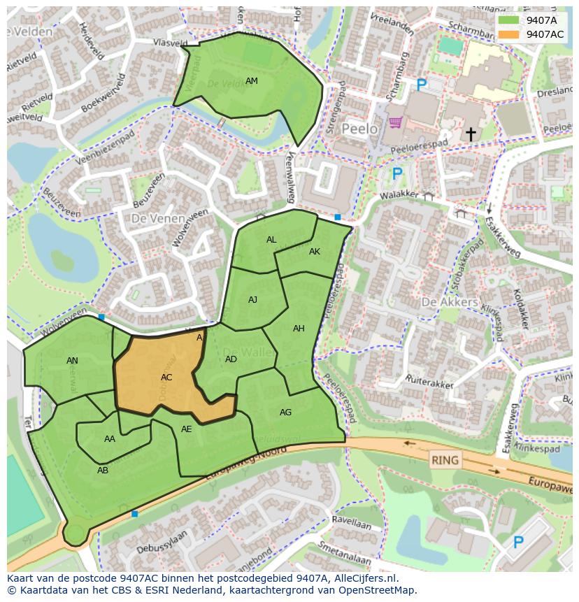 Afbeelding van het postcodegebied 9407 AC op de kaart.