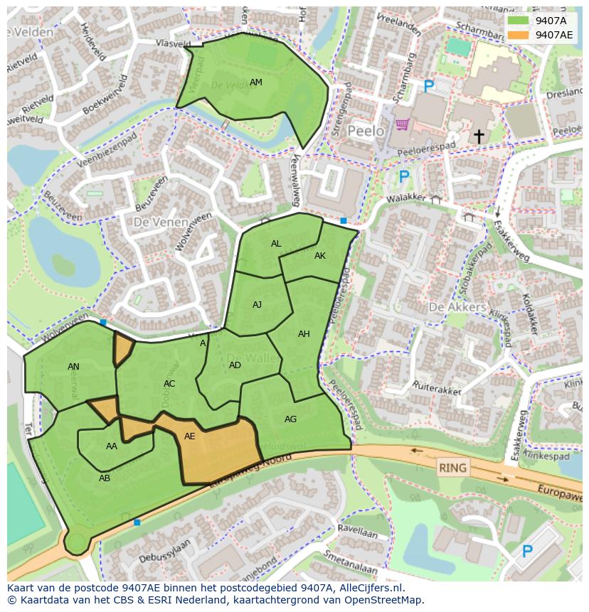 Afbeelding van het postcodegebied 9407 AE op de kaart.