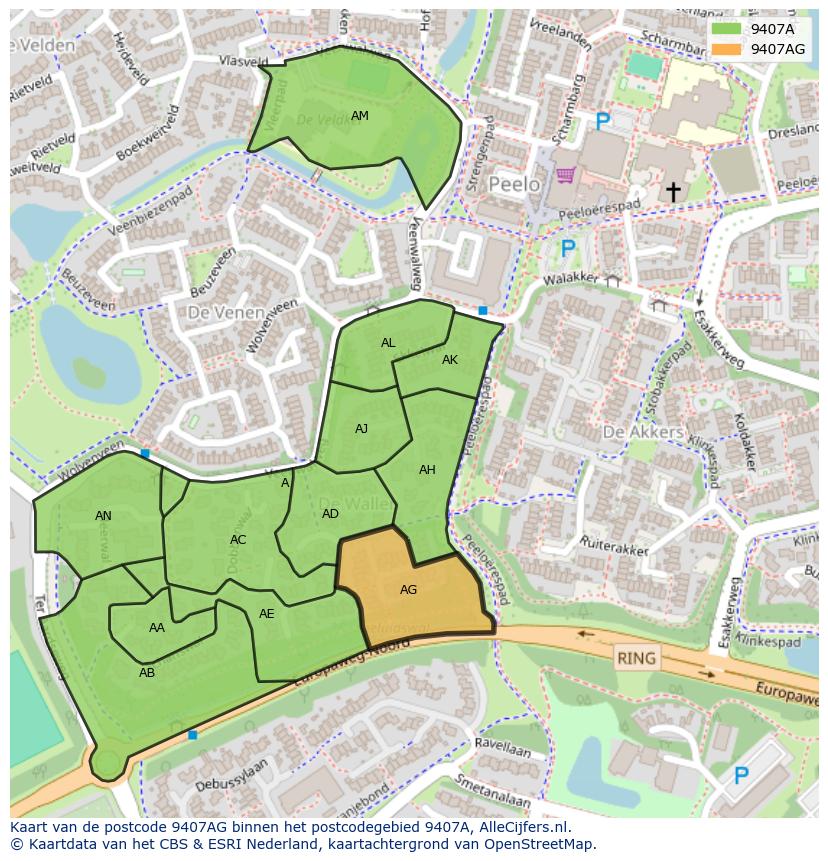 Afbeelding van het postcodegebied 9407 AG op de kaart.