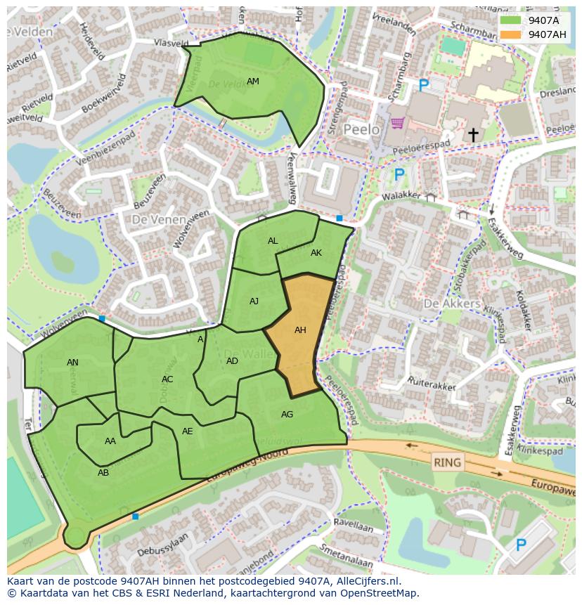 Afbeelding van het postcodegebied 9407 AH op de kaart.