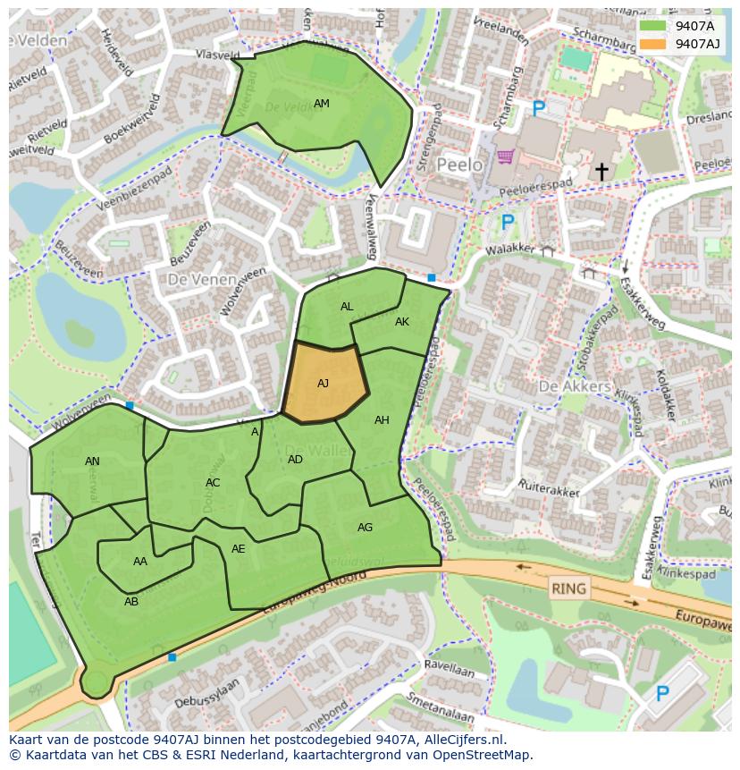 Afbeelding van het postcodegebied 9407 AJ op de kaart.