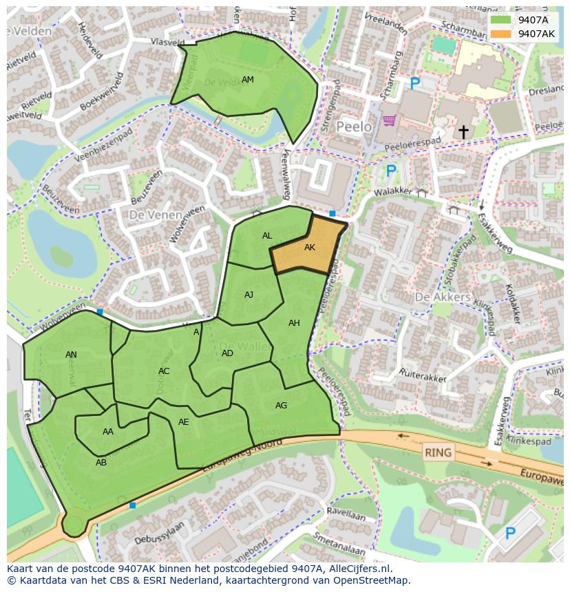 Afbeelding van het postcodegebied 9407 AK op de kaart.