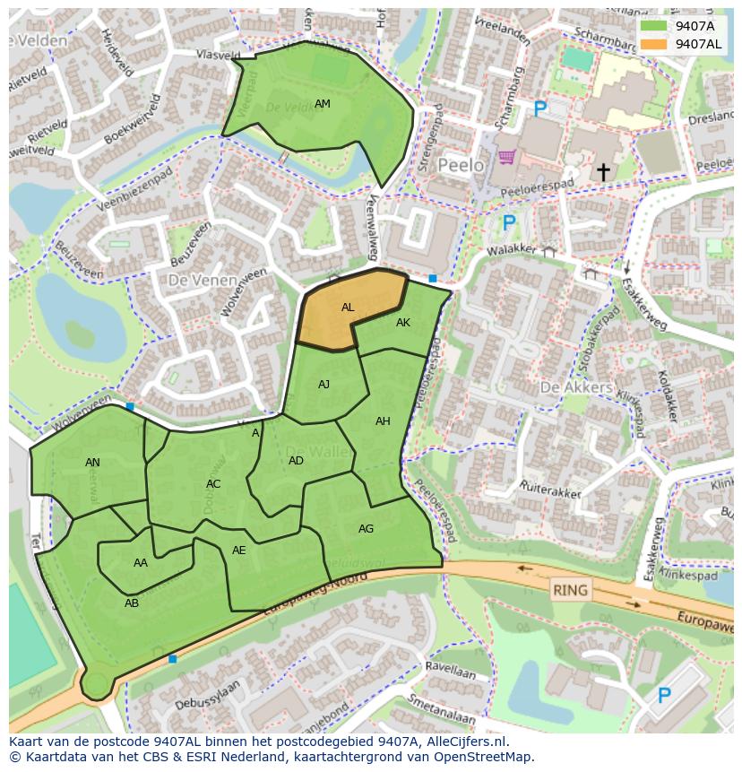 Afbeelding van het postcodegebied 9407 AL op de kaart.