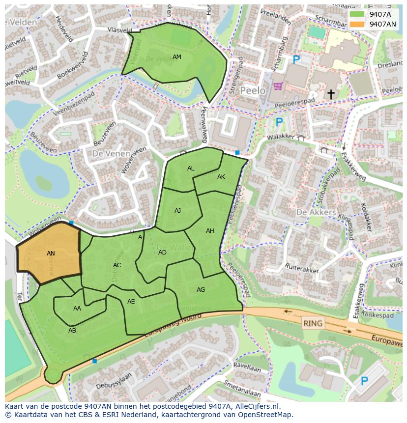 Afbeelding van het postcodegebied 9407 AN op de kaart.