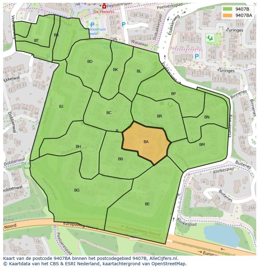 Afbeelding van het postcodegebied 9407 BA op de kaart.