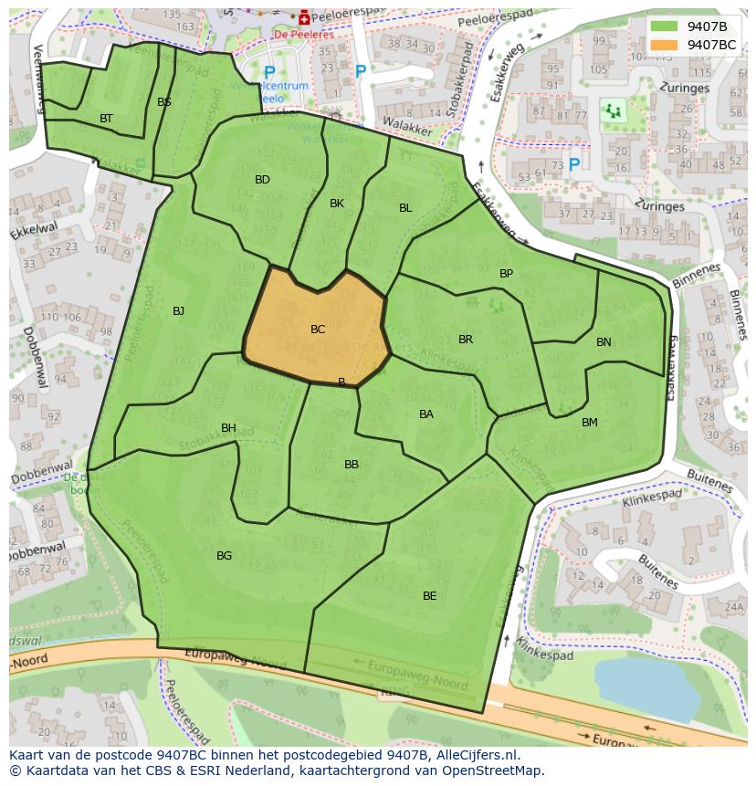 Afbeelding van het postcodegebied 9407 BC op de kaart.